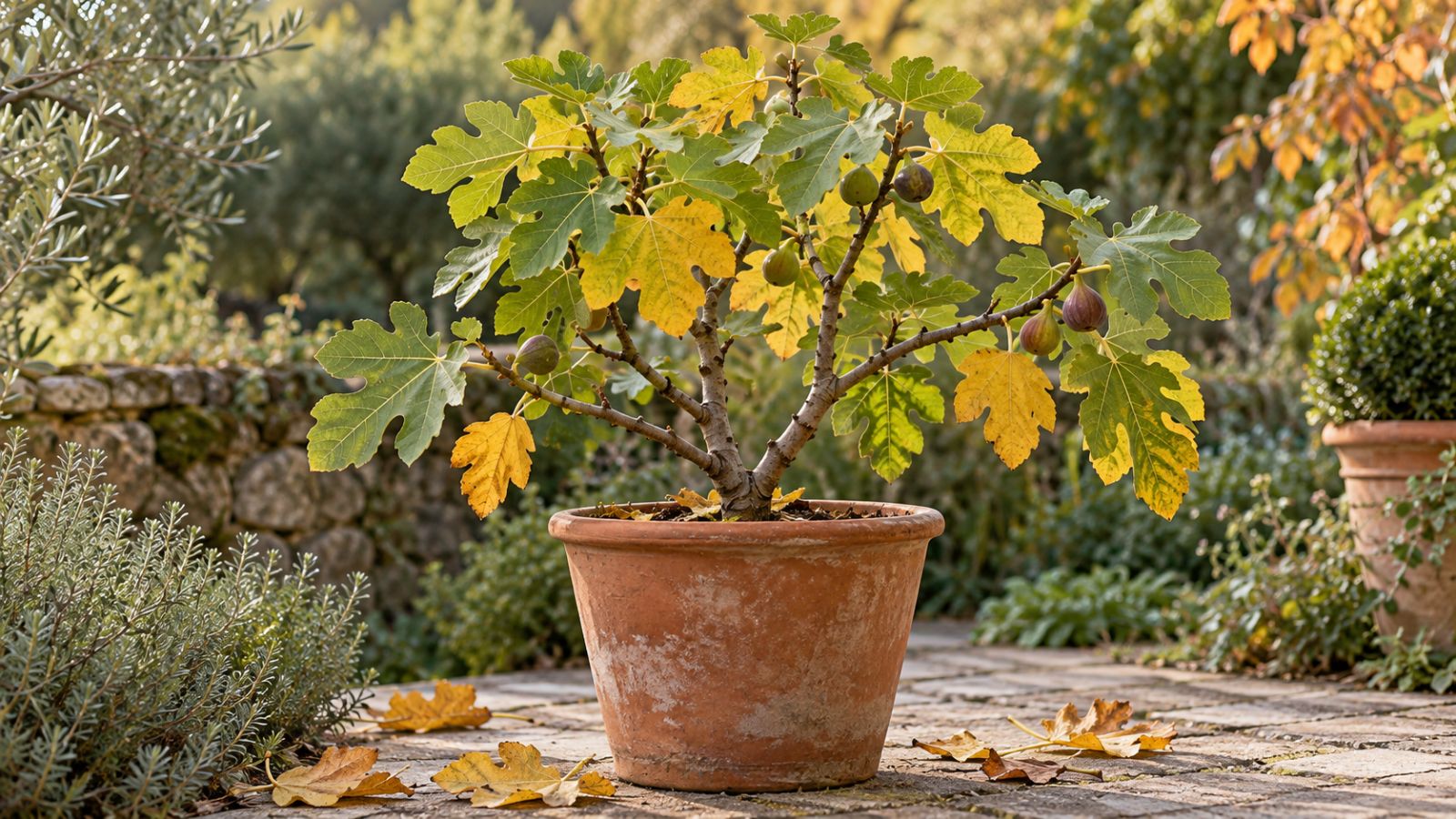 Common fig tree in a terracotta pot with green and yellow autumn leaves and fallen leaves nearby.
