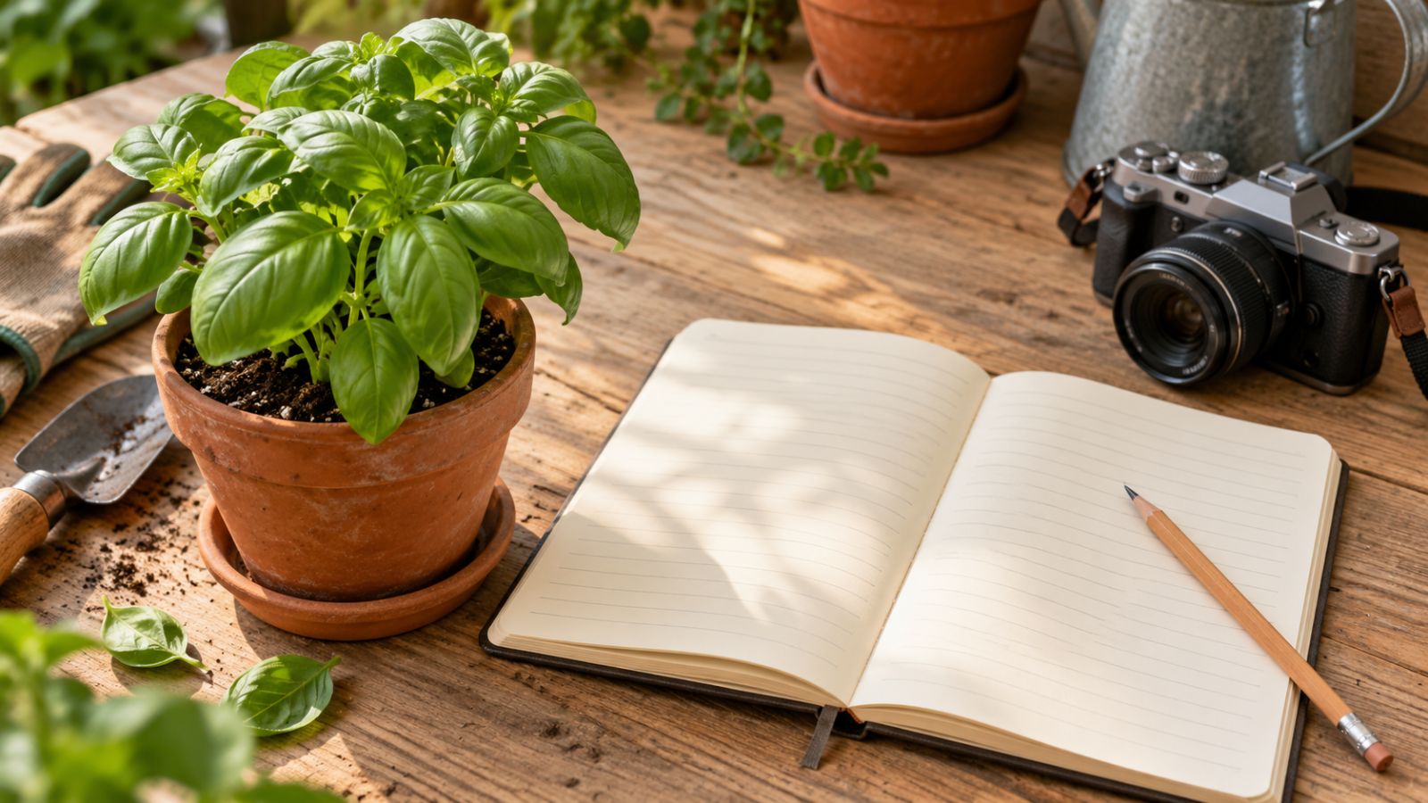 A potted basil plant beside an open garden notebook, pencil, and camera on a wooden table.