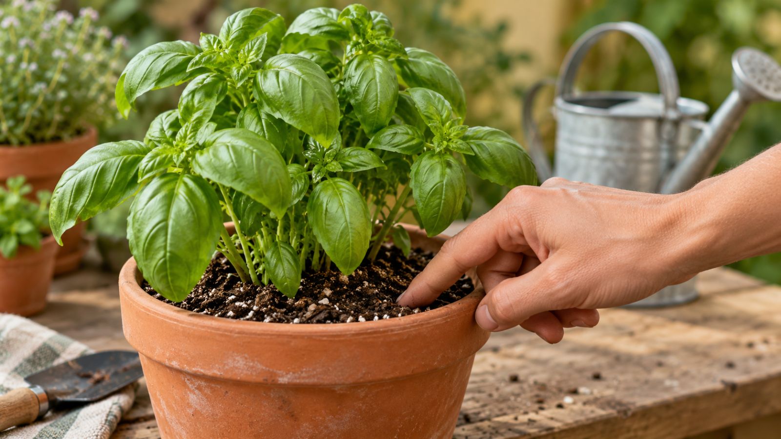 A hand checking the potting mix beside a basil plant, with a watering can in the background.