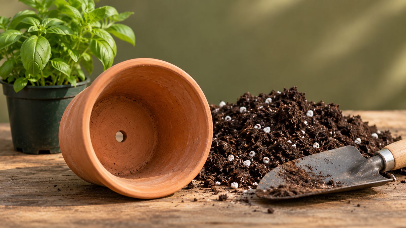 An empty terracotta pot showing its drainage hole beside loose potting mix, perlite, and a trowel.